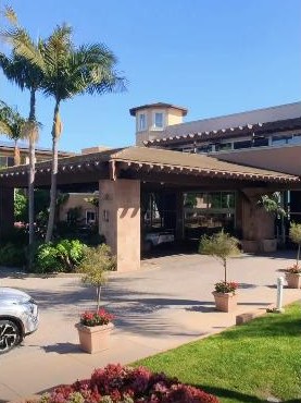 Palms and resort architecture at Grand Pacific Palisades